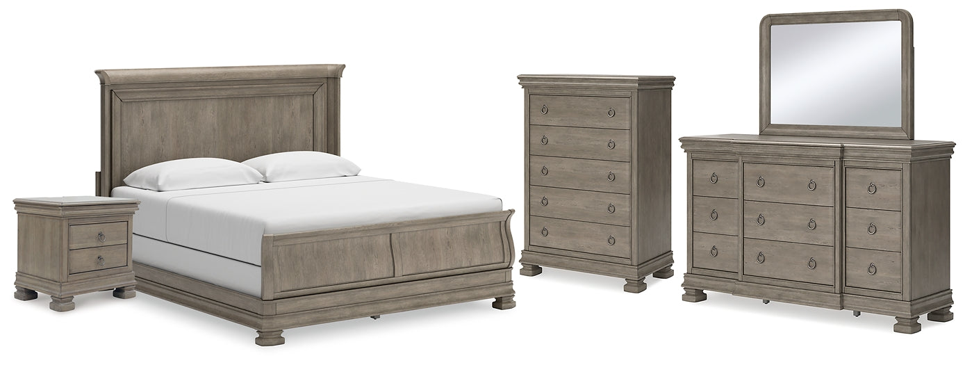 Lexorne  Sleigh Bed With Mirrored Dresser, Chest And Nightstand